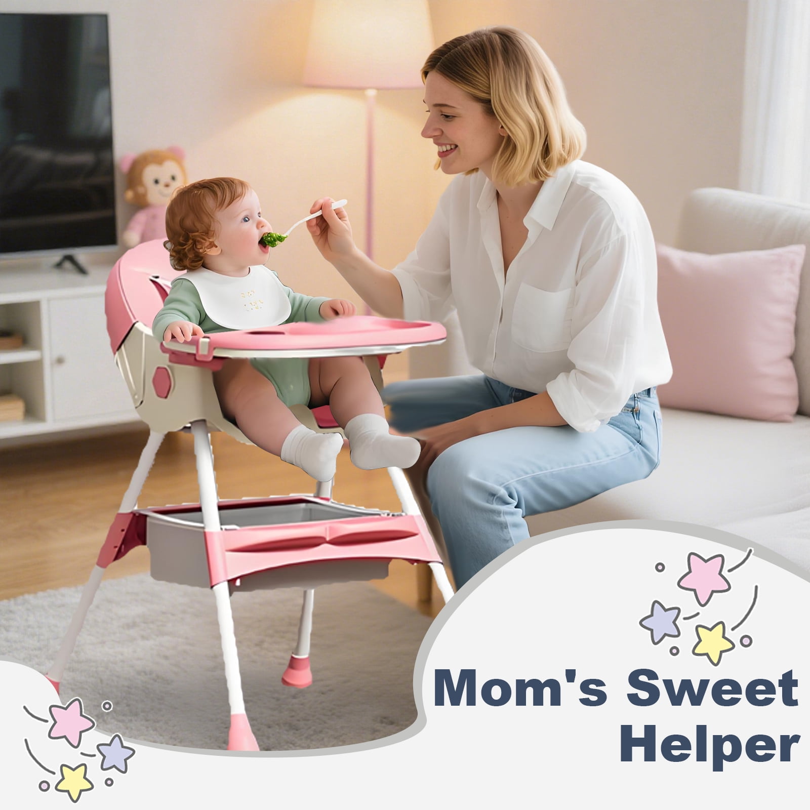 BEJOLO Baby High Chair, 4-in-1 Foldable Highchair Dining Feeding Chair with Double Dining Plate & Toy Rack, Infant to Toddler, Pink