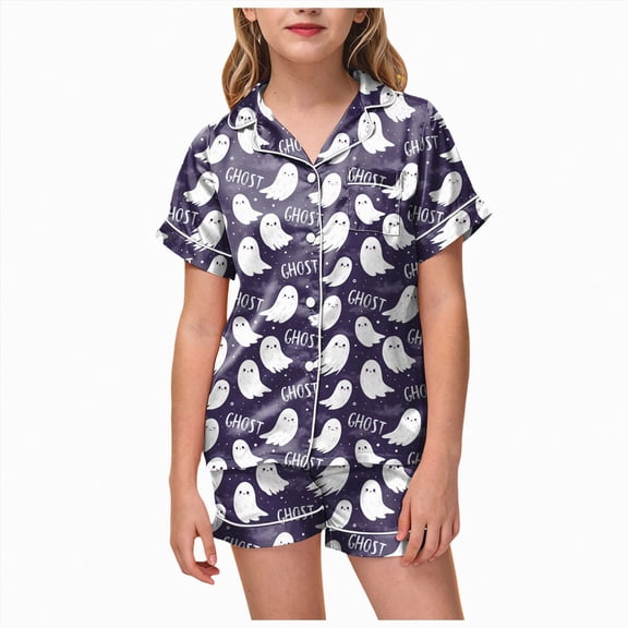 KPOPLK Tween Halloween Pjs Set Ghost Pumpkin Print Girls Silk Pjs Short Sleeve Button Down Nightwear with Shorts Set Tween 12-13 Years Little's Pajamas,Size 10-11 Years