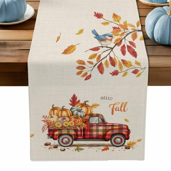 ERUNPONLY Thanksgiving Truck Table Runner - 60 Inch Long Fall Pumpkin Orange Rustic Leaves Cotton and Linen Blended Dress Scarves Farmhouse Table Runner for Kitchen Dining, Coffee Table, 13" x 60"