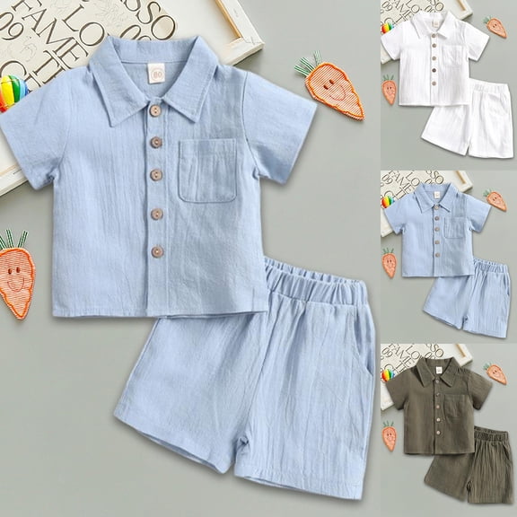 Baby Clothes Boys 18-24 Months Boy's 2 Piece Beach Vacation Textured Linen Outfit Short Sleeve Button Down Shirt Top and Shorts Summer Set