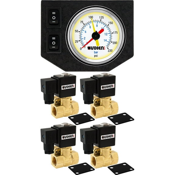 Vixen Air 1/2" NPT Electric Air Valve (Solenoid) 250PSI 12V (4-Pack) with 1 Dual Needle Gauge/2 Switch Dash Panel Kit White VXF1G4012W