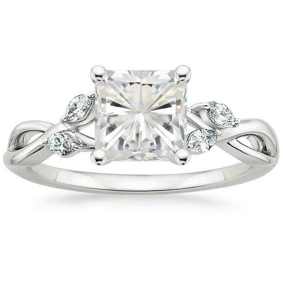 HeartsAndYou 3ct Princess Cut Moissanite Engagement Ring for Women 18k White Gold over Silver Marquise Accents