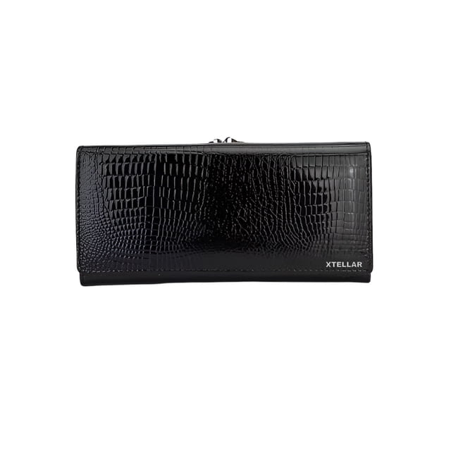 Piel Genuina Cartera Mujer Largo Lujo Patrón De Color Negro Diseño De La Tela Rayas