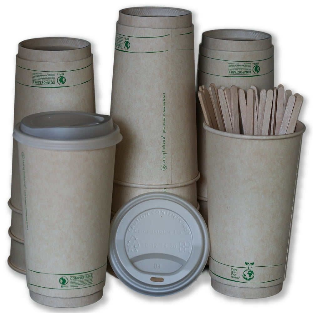 Disposable Compostable Coffee Cups with Lids, Stirrers, and Sleeves
