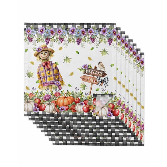 Fall Pumpkins Cloth Napkins Set of 8 Reusable Dinner Napkins, Thanksgiving Wildflowers Grape Leaves Farmhouse Cocktail Napkin Washable Table Napkins for Wedding/Holiday Party/Baby Shower 20"x20"