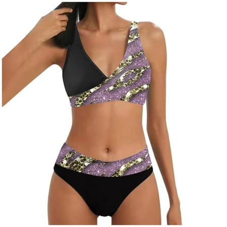 QYZEU Swimsuit for Women 2024 Tankini Bathing Suit Top Women s Two Piece Bikini Split Print Hot Push Up Bikini Swimsuit V Neck Lightweight Swimsuit Underwire Bra Purple S