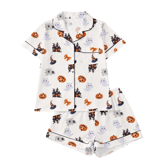 CAIVO Girls Halloween Print Pajama Sets Lapel Short Sleeve Button Down Shirt With Shorts Kids 2 Piece Pjs