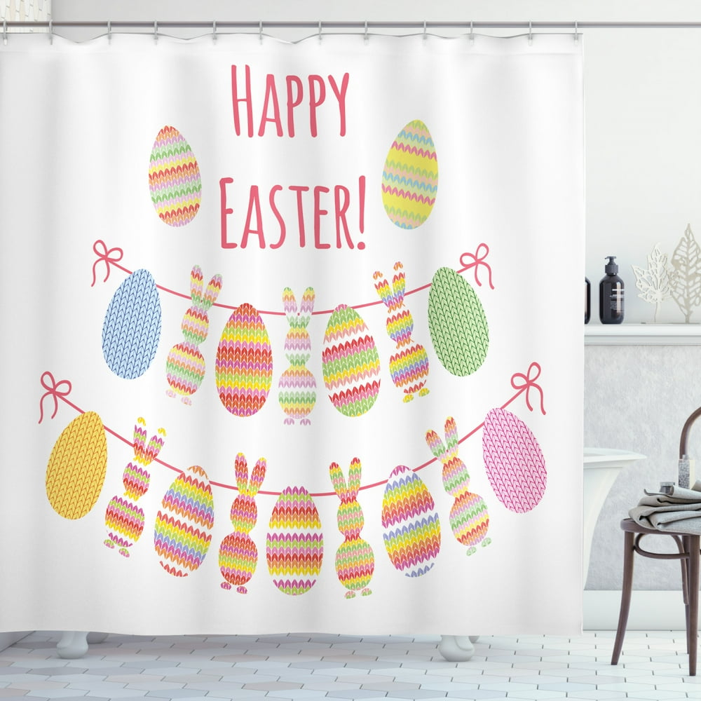Easter Bunny Shower Curtain, Happy Easter Typography with Cute Colorful