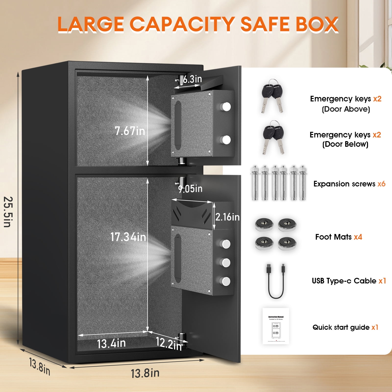 6.0 Cu ft Large Safe Box, Money Safe With Mute Function and LED Light, Digital Keypad Home Safes with Deposit Slot & Dual Alarm System,Security Box for Money Valuables