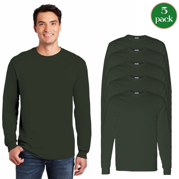 Gildan Heavy Cotton Long Sleeve T-Shirt, Men's Crewneck Forest Color Classic Fit Tee, 5-Pack, S