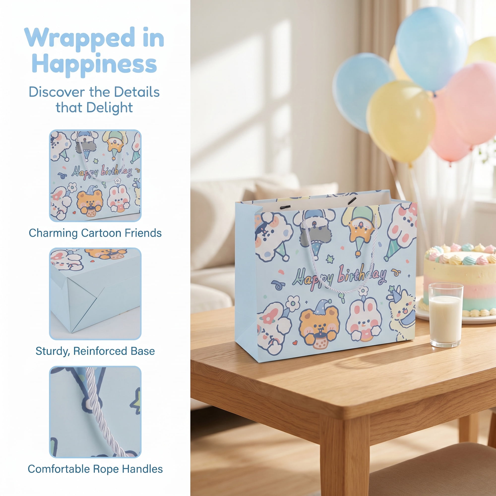 Unique Bargains 6Pcs Vibrant Cartoon Themed Birthday Gift Bags Blue 12.6" x 4.5" x 9.8"