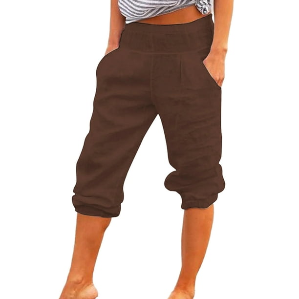 Frontwalk Casual Linen Capris Pants for Women Plain Crop Pants with ...