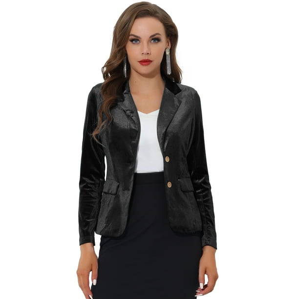 Chaqueta de terciopelo de oficina frontal con botón de solapa con muesca vintage para mujer Negro M