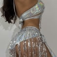 thumbnail image 4 of 1 Set Summer Bathing Suit Multi Tassels Solid Color Lace Up Halter Neck Low-cut Swimming Backless Shiny Sequins Lady Bikini Set Water Sports Clothes, 4 of 6