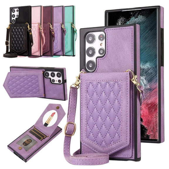For Samsung Galaxy S22/S22 /S22 Ultra Phone Case，Shockproof Luxury Leather Mirror Card Holder Cover，Silm Shoulder Strap Stand Case Cover