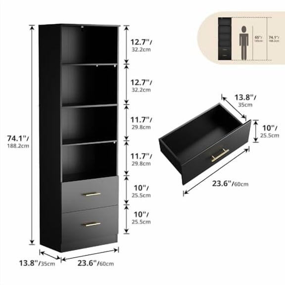 Cozy Castle 74.1'' Bookshelf,Tall Bookcase with Drawers, 4-Tier Open Bookshelf with Adjustable Storage Shelves,23.6 Inches Wide Floor Standing Bookcase for Home Office,Bedroom,Living Room,Black