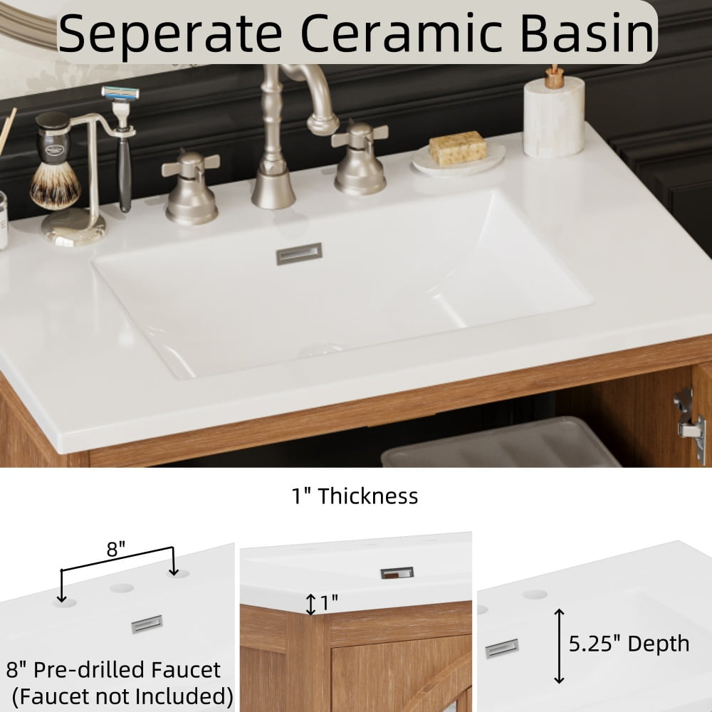 31-Inch Antique Natural Farmhouse Bathroom Vanity with Integrated Ceramic Sink - Vintage Rustic Cabinet, 2 Soft-Closing Doors, Adjustable Shelf, Bronze Pulls, Rubber Wood Legs & Tempered Glass