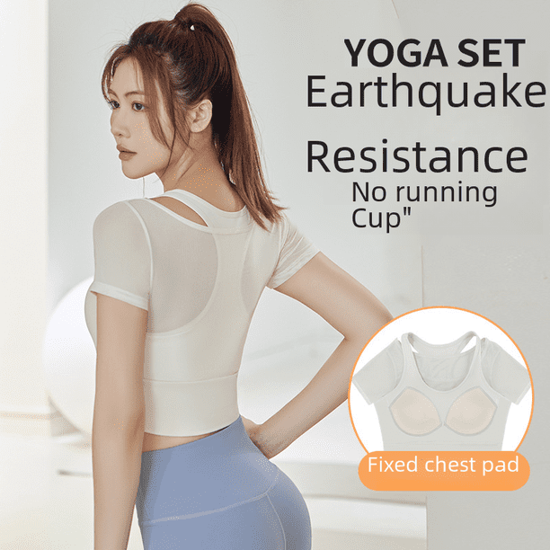 Top deportivo ajustado de manga corta para mujer, de malla transpirable y fina con almohadilla para el pecho, para correr, hacer ejercicio y yoga