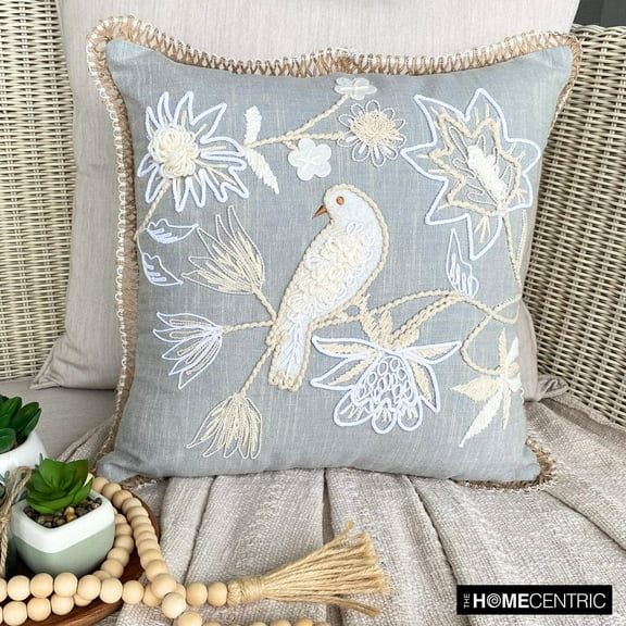 The HomeCentric Designer Throw Pillow covers Gray 16"x16" (40x40 cm) Cotton Linen Floral, Bird, Yarn Embroidery Pillow Case For Sofa Chouch, Hotels, living, Bed Room, Floral Contemporary - Ava Gray