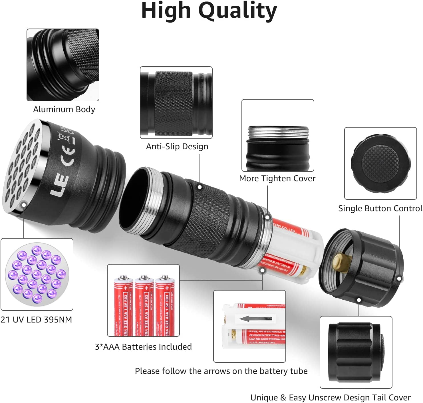 Lepro UV Black Light Flashlight with Batteries , 21 LEDs UV Light Handheld Blacklight 395nm Detector for Pet Urine