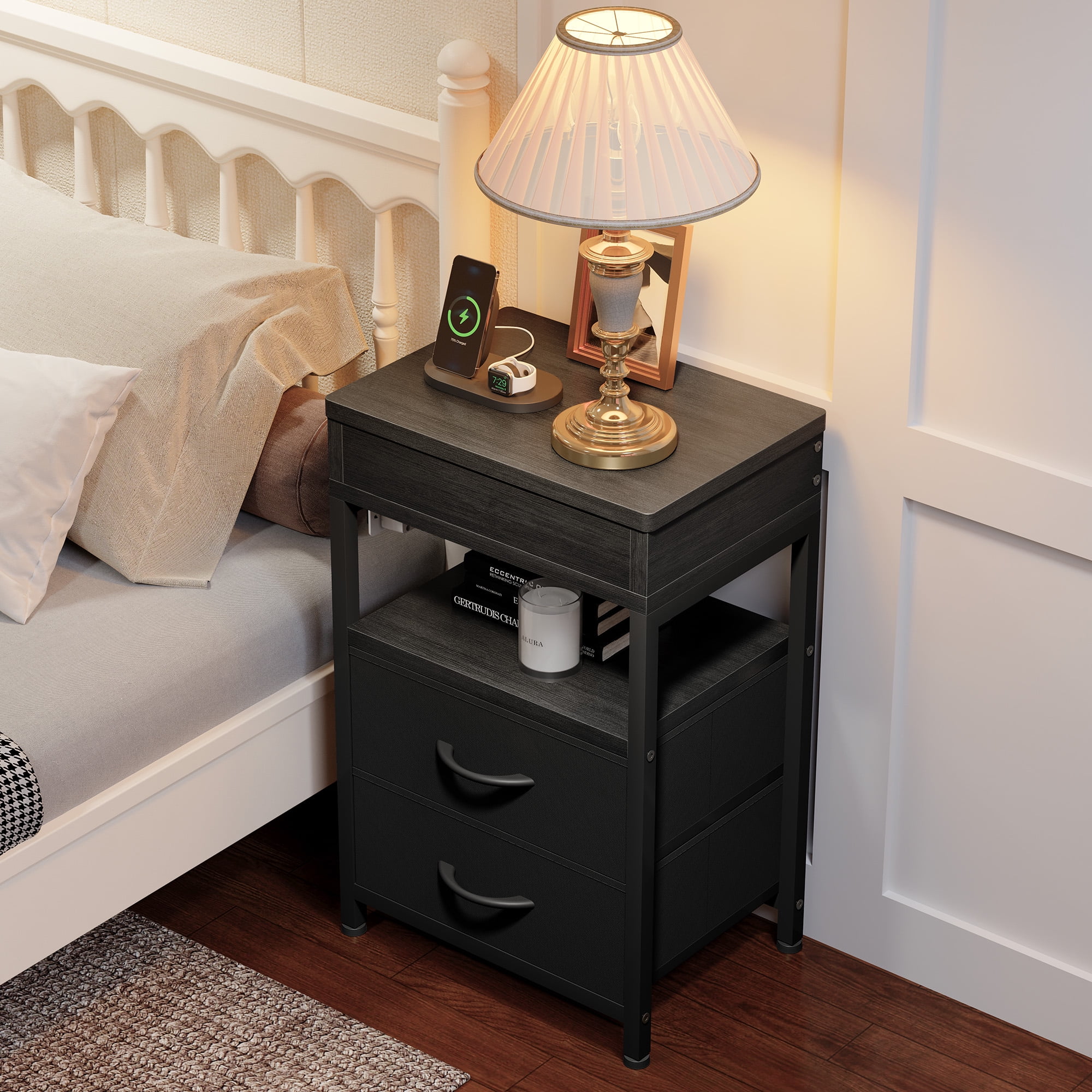 Bestco Nightstand with Sliding Top Modern End Table with Charging Station & 2 Drawers Black