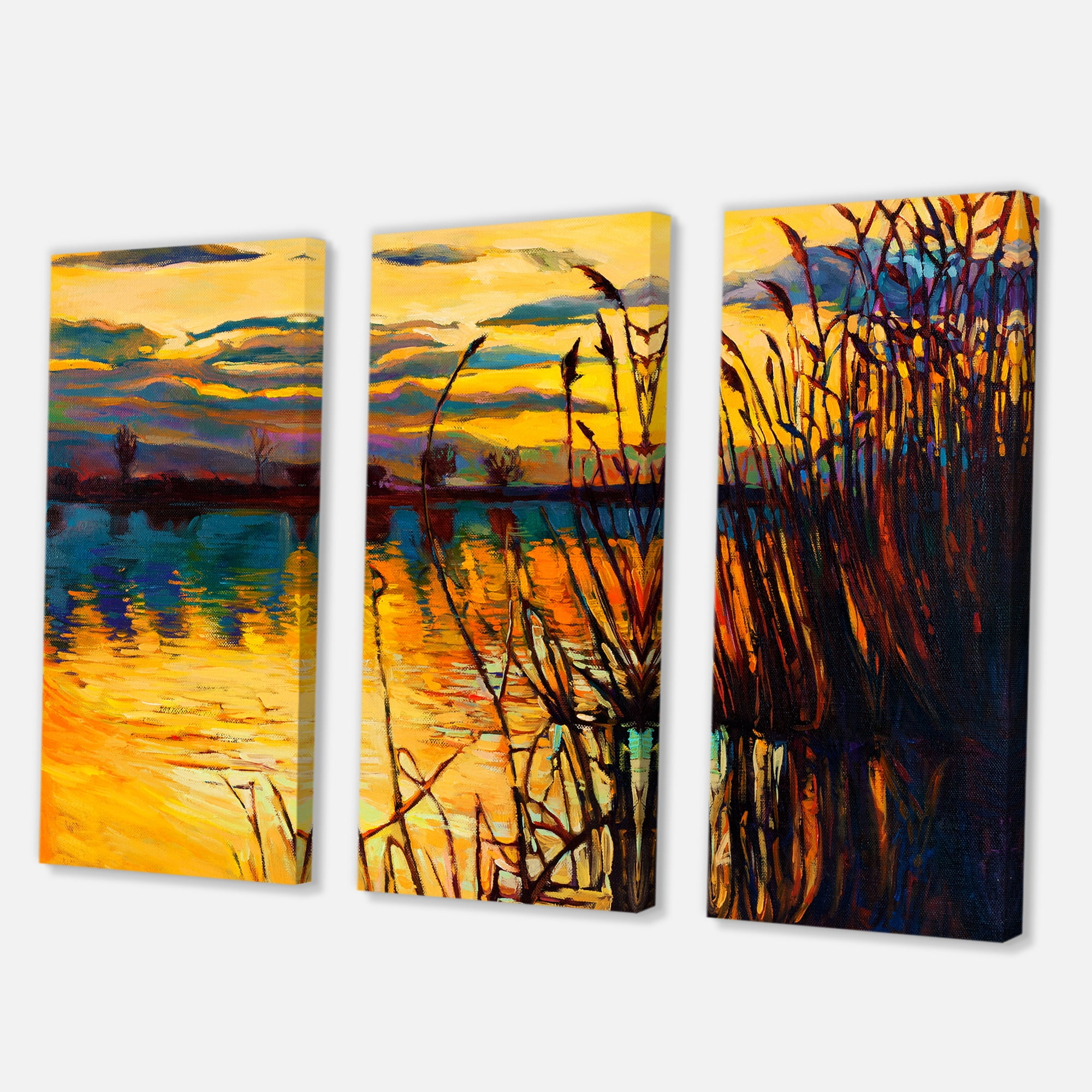 Designart ' Yellow Evening Glow Through The High Grass By The Lake ' Nautical & Coastal Canvas Wall Art Print