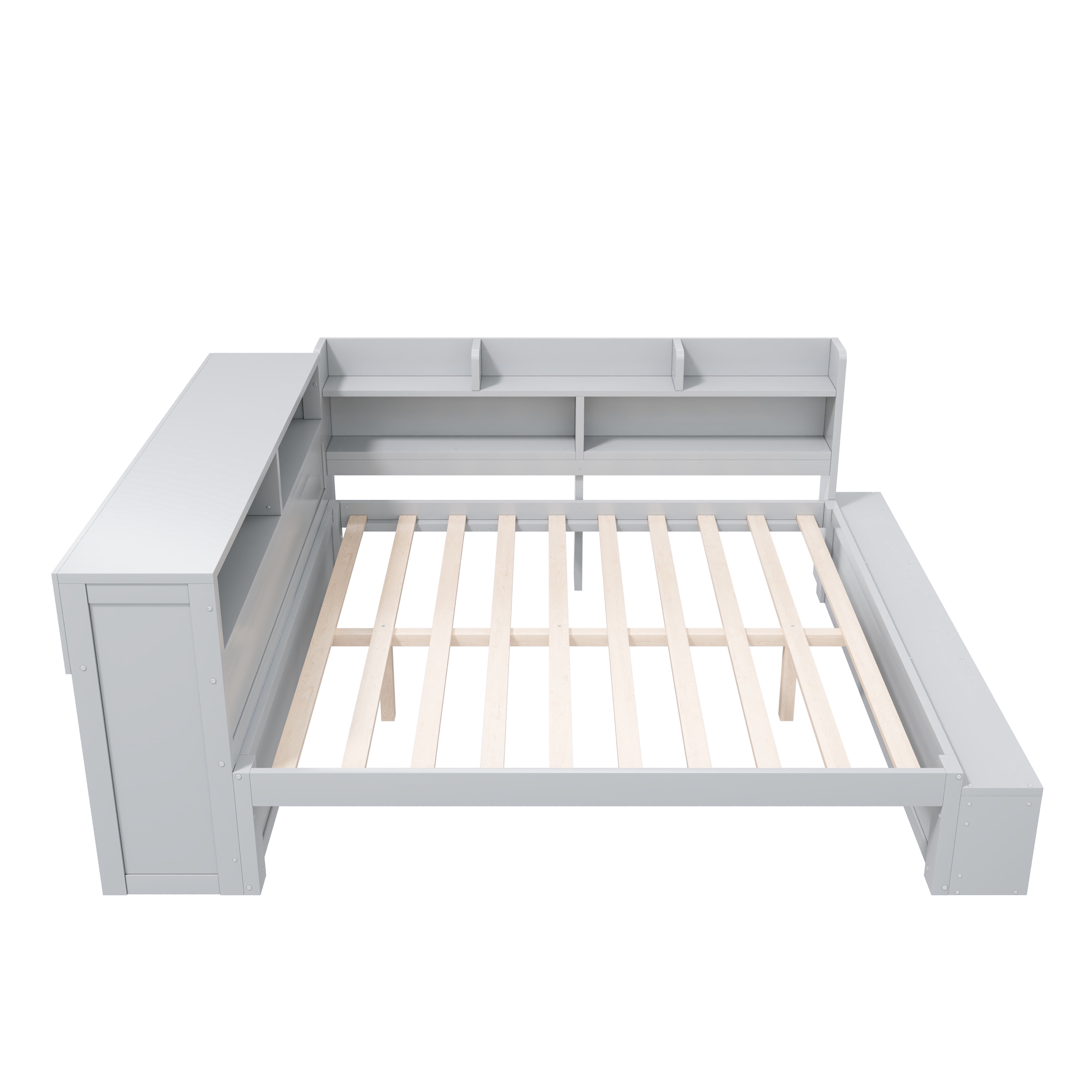 Mintazer Full Size Daybed with Storage Cabinets & Charging Station, Platform Bed Frame with Shoe Rack, Gray
