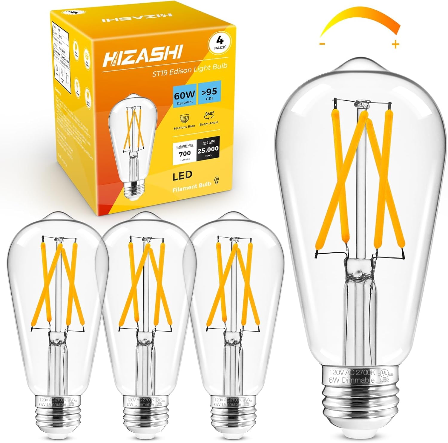 PYYAN-Dimmable Edison Bulbs 60 Watt LED, E26 Bulb 2700K Warm White ST19 Vintage Light Bulbs, 95+CRI, UL Listed,700LM 6W E26 Medium Base, Clear Glass, Pack of 4