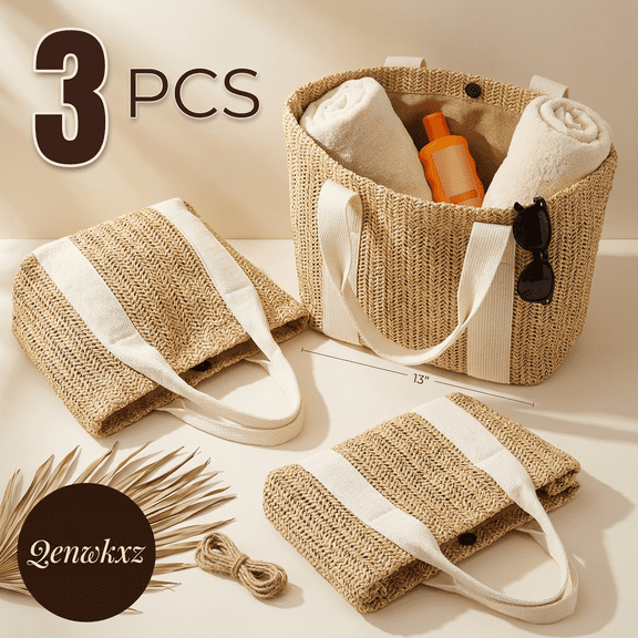 3Pcs Burlap Tote Bags with Handles, Straw Beach Bags for Women, Bridesmaid Proposal Bags & Wedding Welcome Gifts, 13" Waterproof Woven Handbags