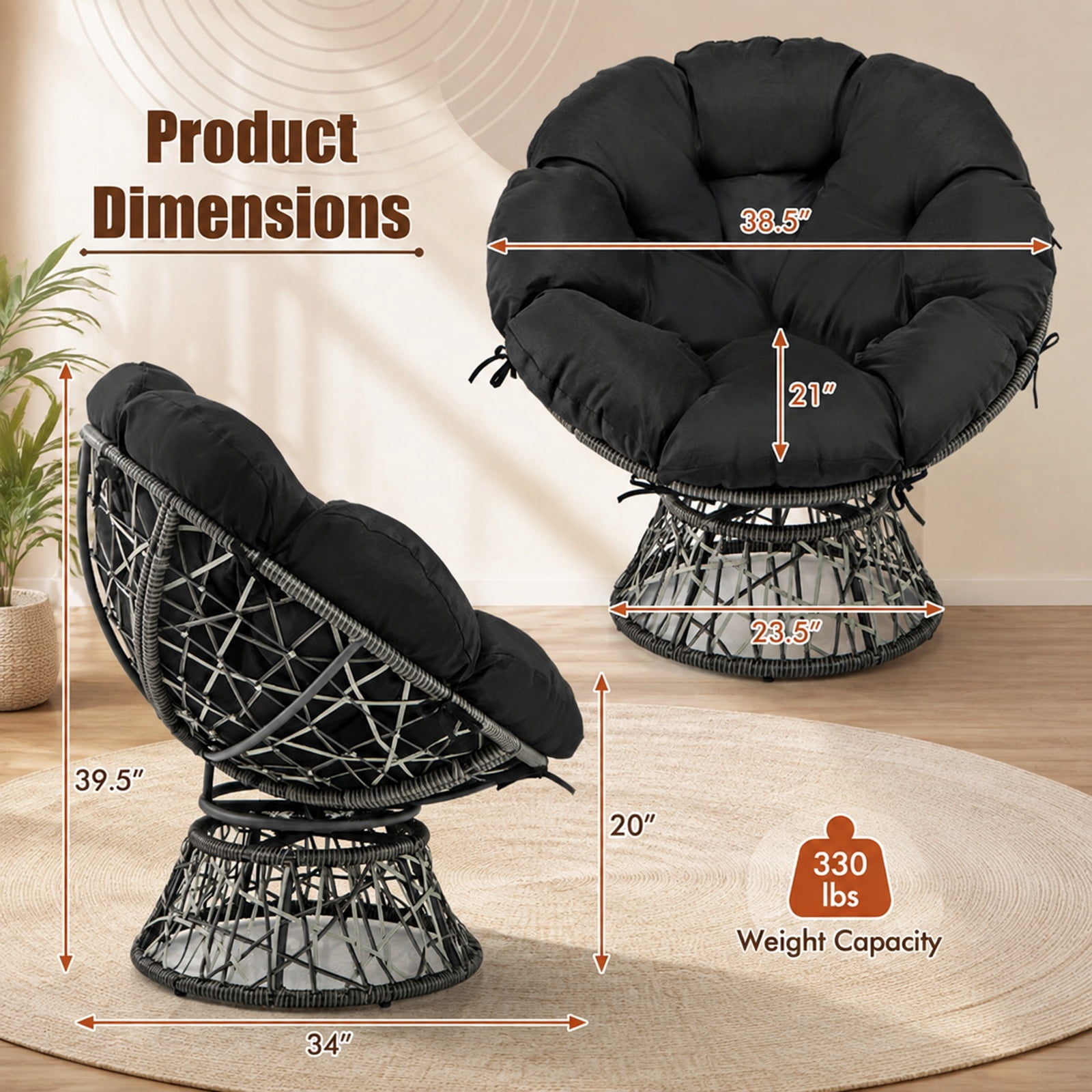 Furnibear PE Wicker Papasan Chair with Thick Removable Cushion 360 Degree Swivel Base and Metal Frame for Living Room and Sunroom, Black