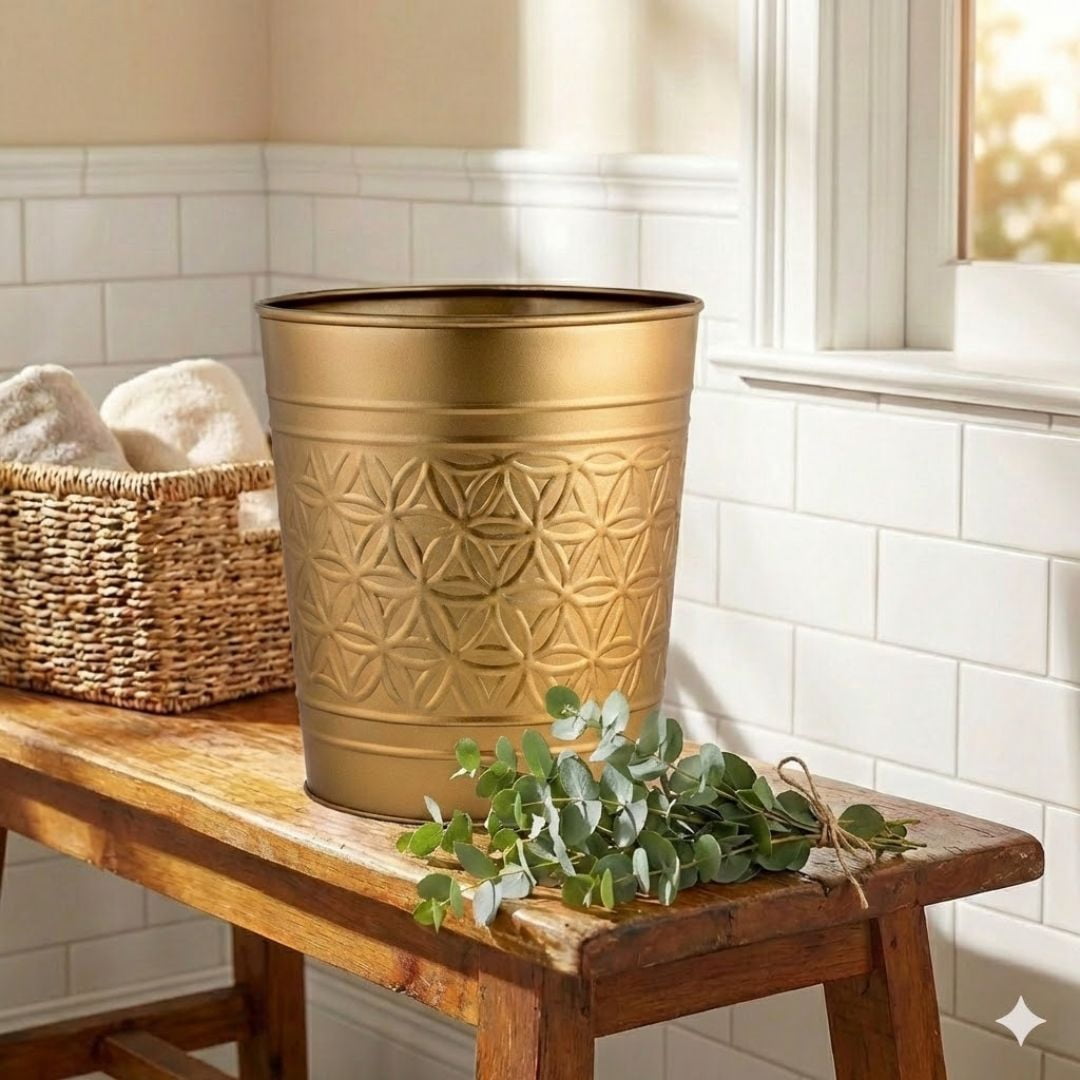 Autumn Alley 7 Liter Antique Gold Metal Bathroom Trash Can – Open Top Round Waste Basket for Bedroom, Office or Vanity
