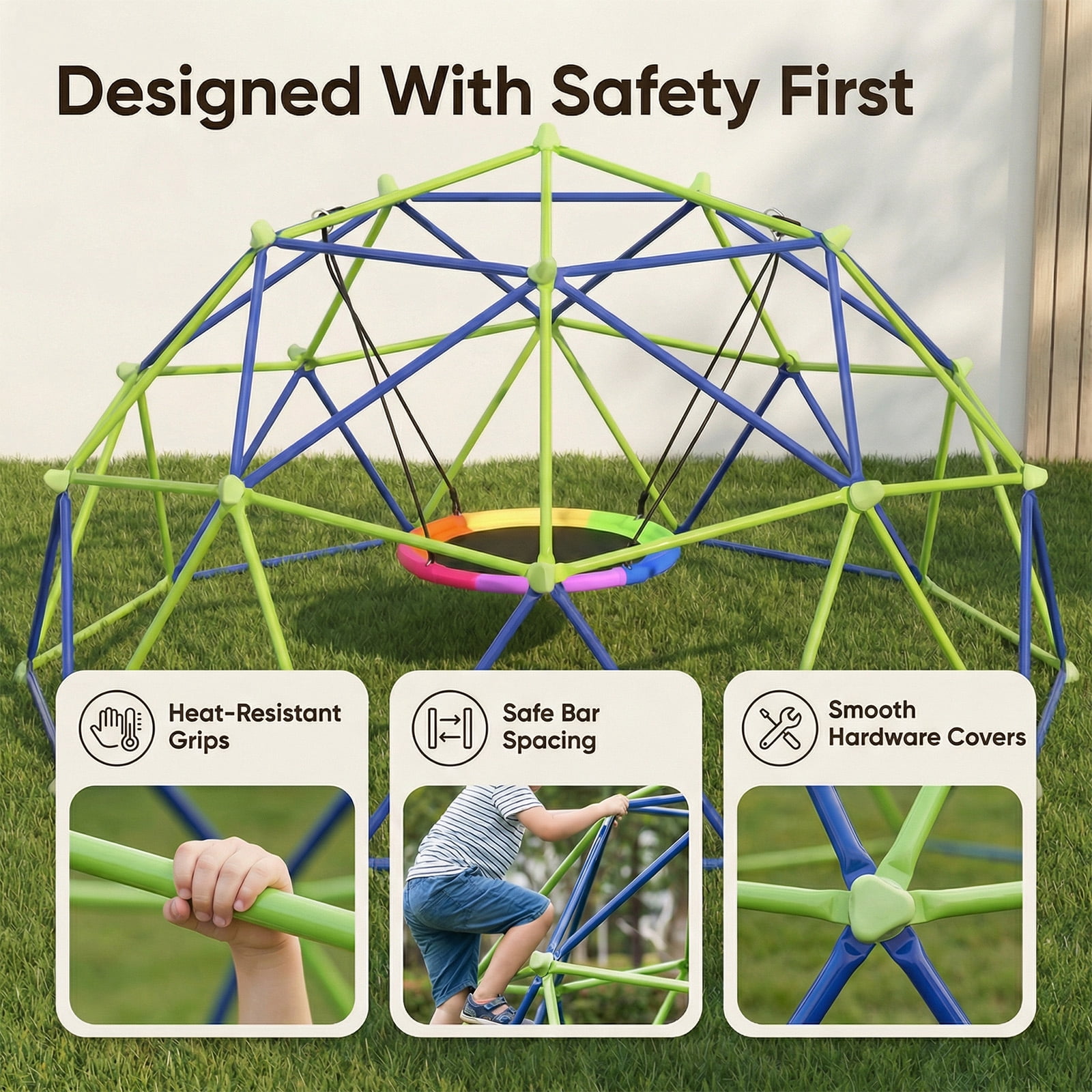 TABU 10FT Climbing Dome with Swing Set, Outdoor Jungle Gym for Kids, Supports up to 1000lbs, Rust-Resistant, Easy Asssembly