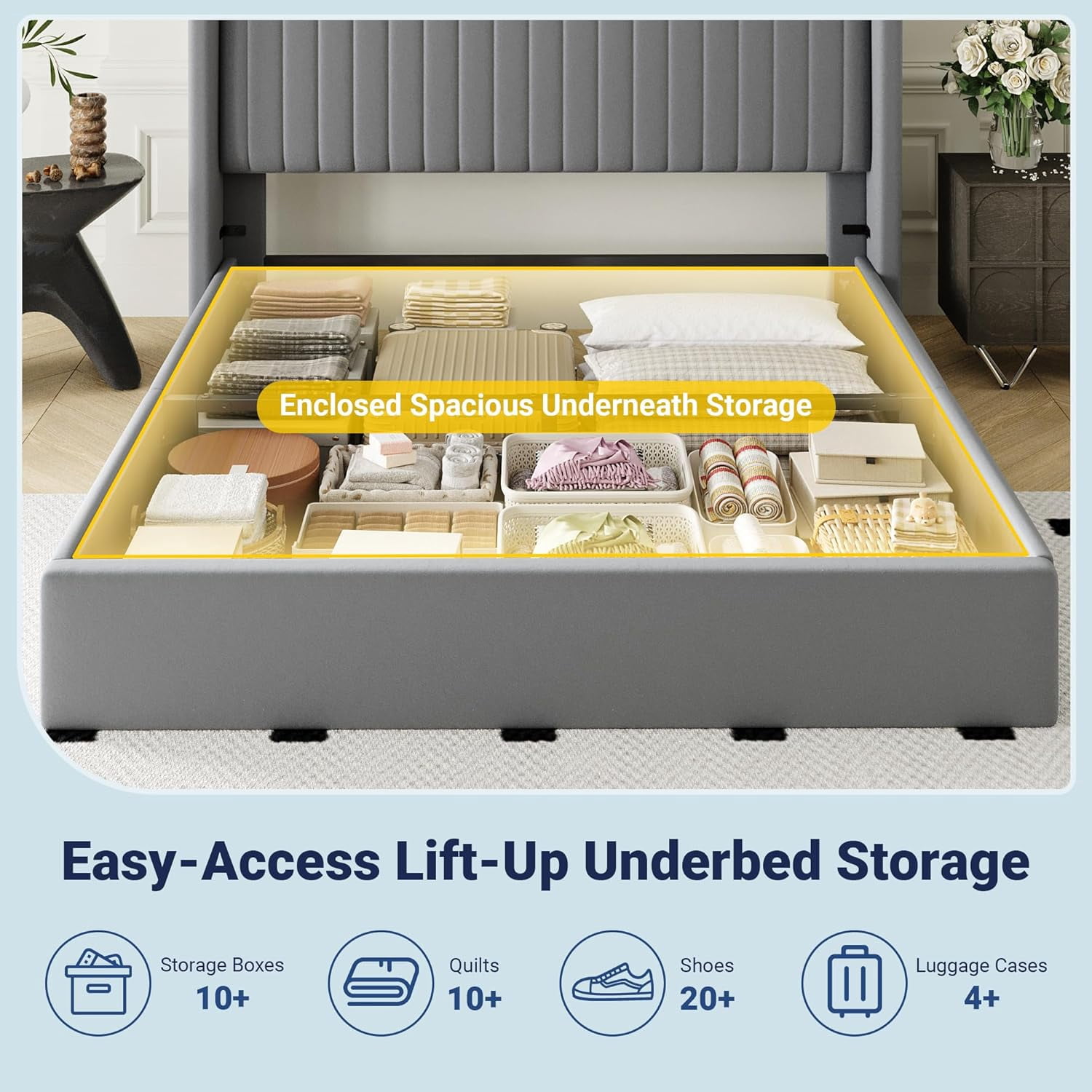 Allewie Full Size Lift Up Storage Bed Frame, Hydraulic Support System, Upholstered Platform Bed Frame, Vertical Channel Tufted Headboard with Wingback, Grey