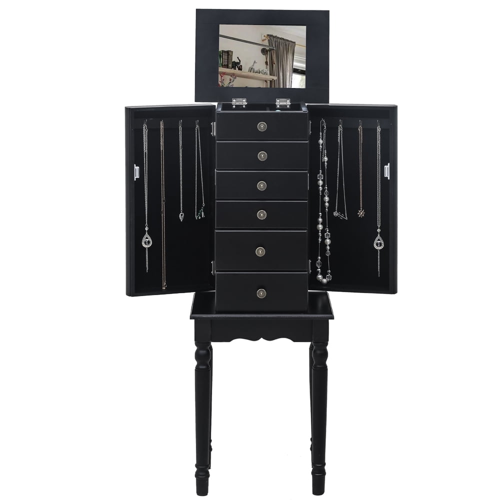Standing Jewelry Armoire with Mirror, 5 Drawers & 8 Necklace Hooks, Jewelry Cabinet Chest with Top Storage Organizer