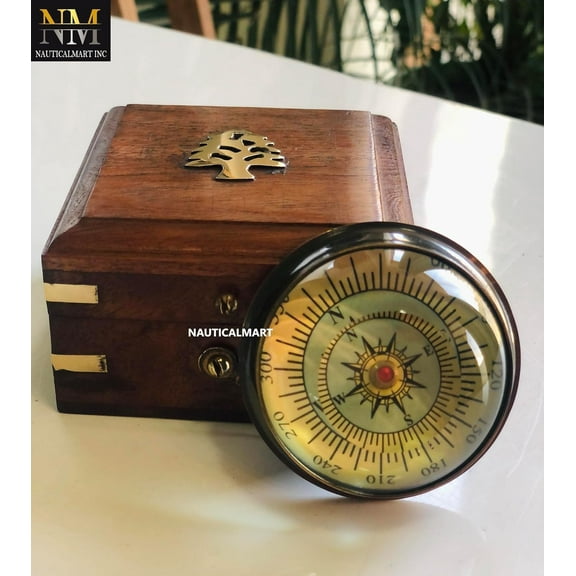 NauticalMart Round Glass Compass in Brass Antique Finish - Brass Compass Decor Gifts