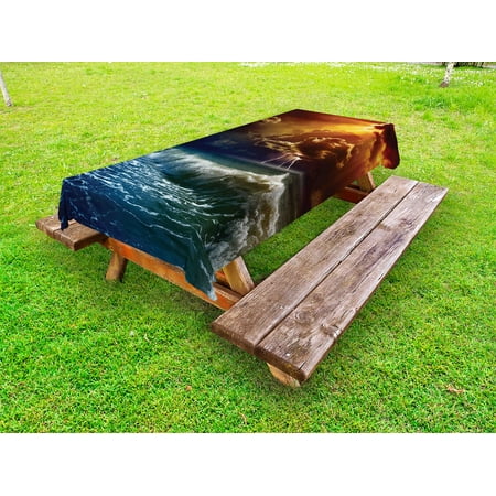

Nature Outdoor Tablecloth Thunderstorm Rays over the Ocean Waves Wild Forces Burnt Fire in the Air Print Decorative Washable Fabric Picnic Tablecloth 58 X 120 Inches Blue Orange by Ambesonne