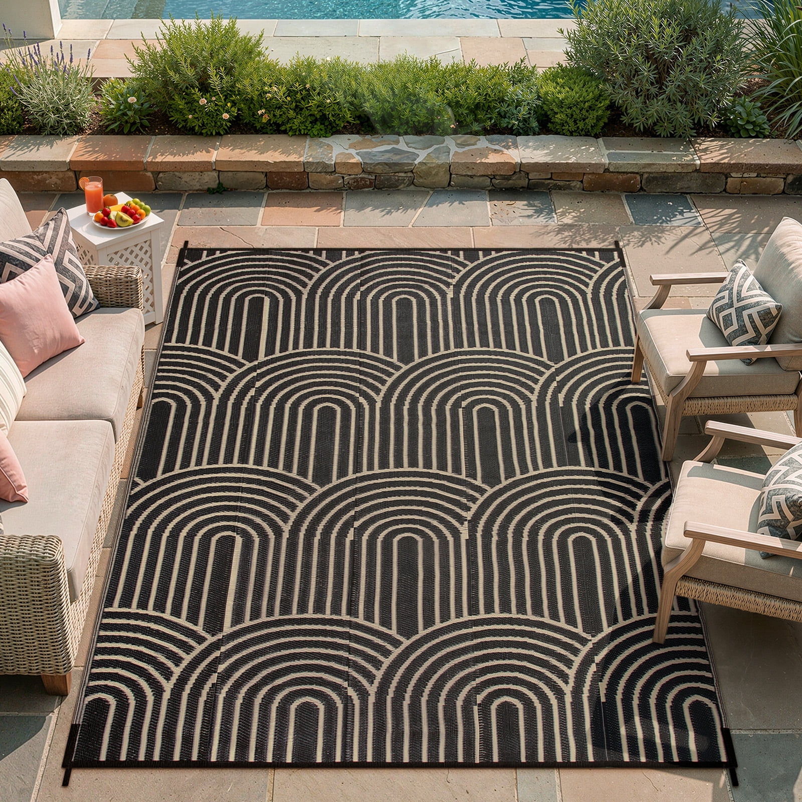 Lahome Decor 5’X8’ Rainbow Outdoor Rug for Patio,Beach Mats Waterproof, Camping Rug for Outside RV, Portable Plastic Straw Outdoor Area Rug for Backyard, Garden, Pool Deck