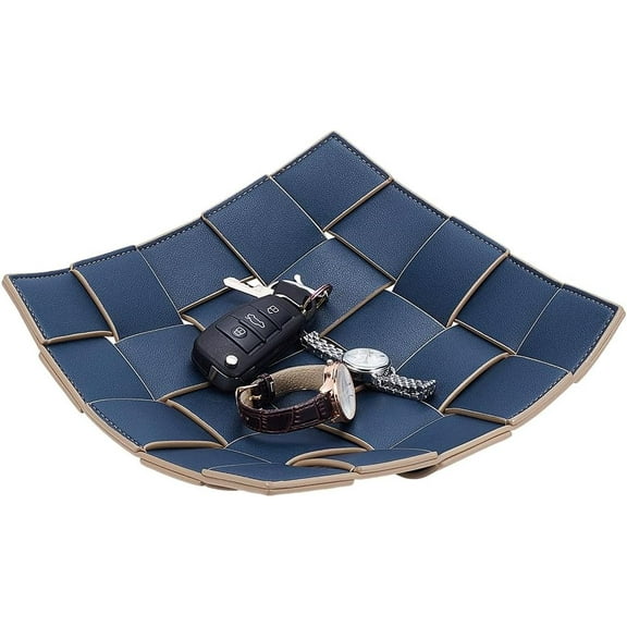 PU Leather Key Holder Bowl Square Double-Sided Storage Tray for Entryway Table Bedside Nightstand Desk Catchall Organizer Tray (Blue Brown Imitation Leather