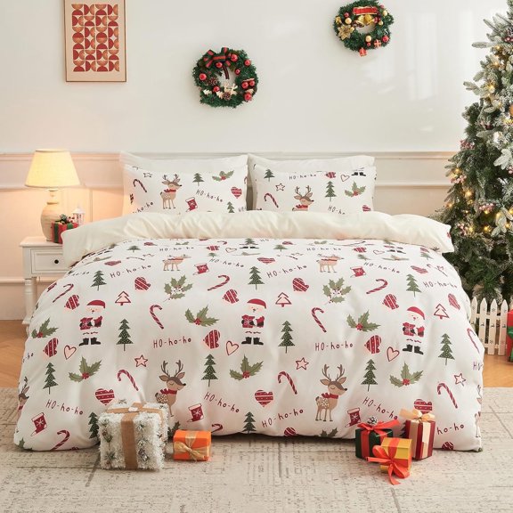 Gogreen Christmas Queen Duvet Cover Set 3-Piece, Microfiber Bedding Deep Pocket, Soft Breathable Wrinkle Resistant Holiday Decor(Christmas Deer)