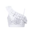 thumbnail image 1 of TiaoBug Kids Girls Asymmetrical Ruffled Sequin Performance Crop Tops Modern Jazz Hip Hop One Shoulder Dance Top White 12, 1 of 7