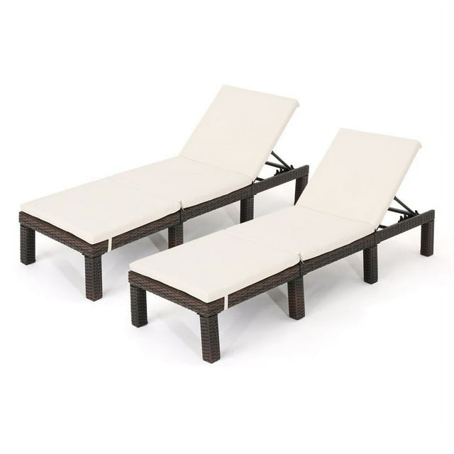Noble House Jamaica MultiBrown Wicker Chaise Lounge Cream Cushion (Set of 2)