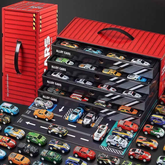 Alloy Mini Toy Cars 48 Pack, Durable Pull Back Race Cars with Organizer Box & Track Map, Play Vehicles for Toddlers Boys, Multiplayer Racing Game Playset for Party Favors & Holiday Gift