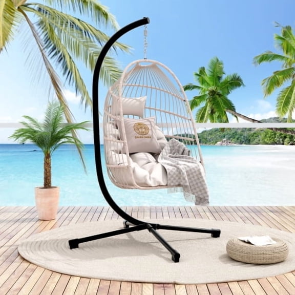 Foldable Hanging Egg Chair, Outdoor Patio Wicker Swing with Stand, Heavy Duty Steel Frame, Cushion and Pillow, 350 lbs Capacity, White