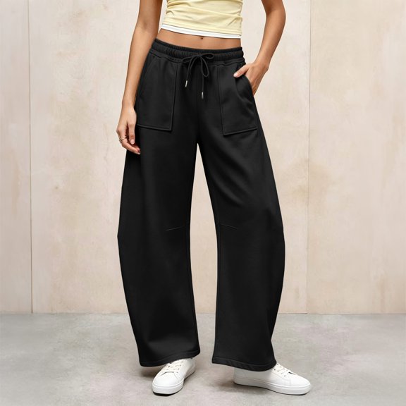 Utoimkio Women's Barrel Sweatpants Drawstring Elastic High Waist Patch Pocket Oversized Loose Trousers with Side Pockets for Daily Lounging