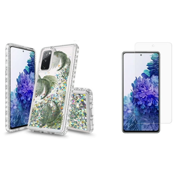 Bemz Liquid Quicksand Case for Samsung Galaxy S20 FE (with 2 Pack of Tempered Glass Screen Protectors and Touch Tool) - Palm Leaves