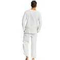thumbnail image 2 of Michellecmm Men's Cotton Linen Clothes Solid Color Long Sleeve Henley Shirt + Elastic Waist Drawstring Pants 2 Pieces Loungewear Set, 2 of 8