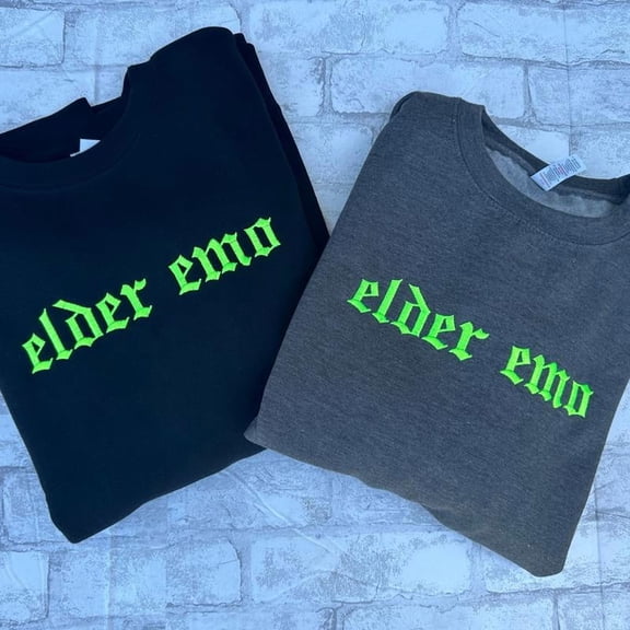 GREEN Elder Emo Embroidered Crewneck Sweatshirt Alternative Fashion Long Sleeve Cotton