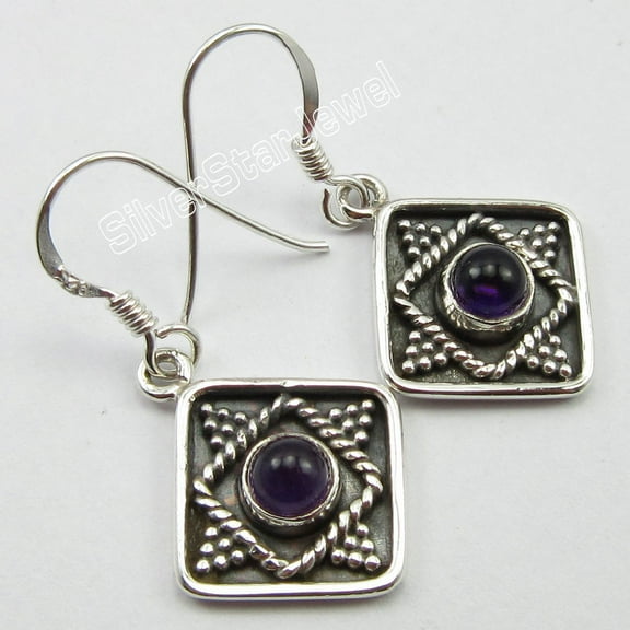 SilverStarJewel 925 Sterling Silver Purple Amethyst Gemstone Old Style Earrings 1.3" Oxidized