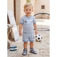 thumbnail image 6 of BemeyourBBs Toddler Baby Boy Football Outfit Infant Baby Boys Summer Clothes Waffled Striped Soccer Embroidered Short Sleeve T-Shirts and Pockets Shorts Set Toddler Baby Boys 2 Piece Summer Outfit, 6 of 9