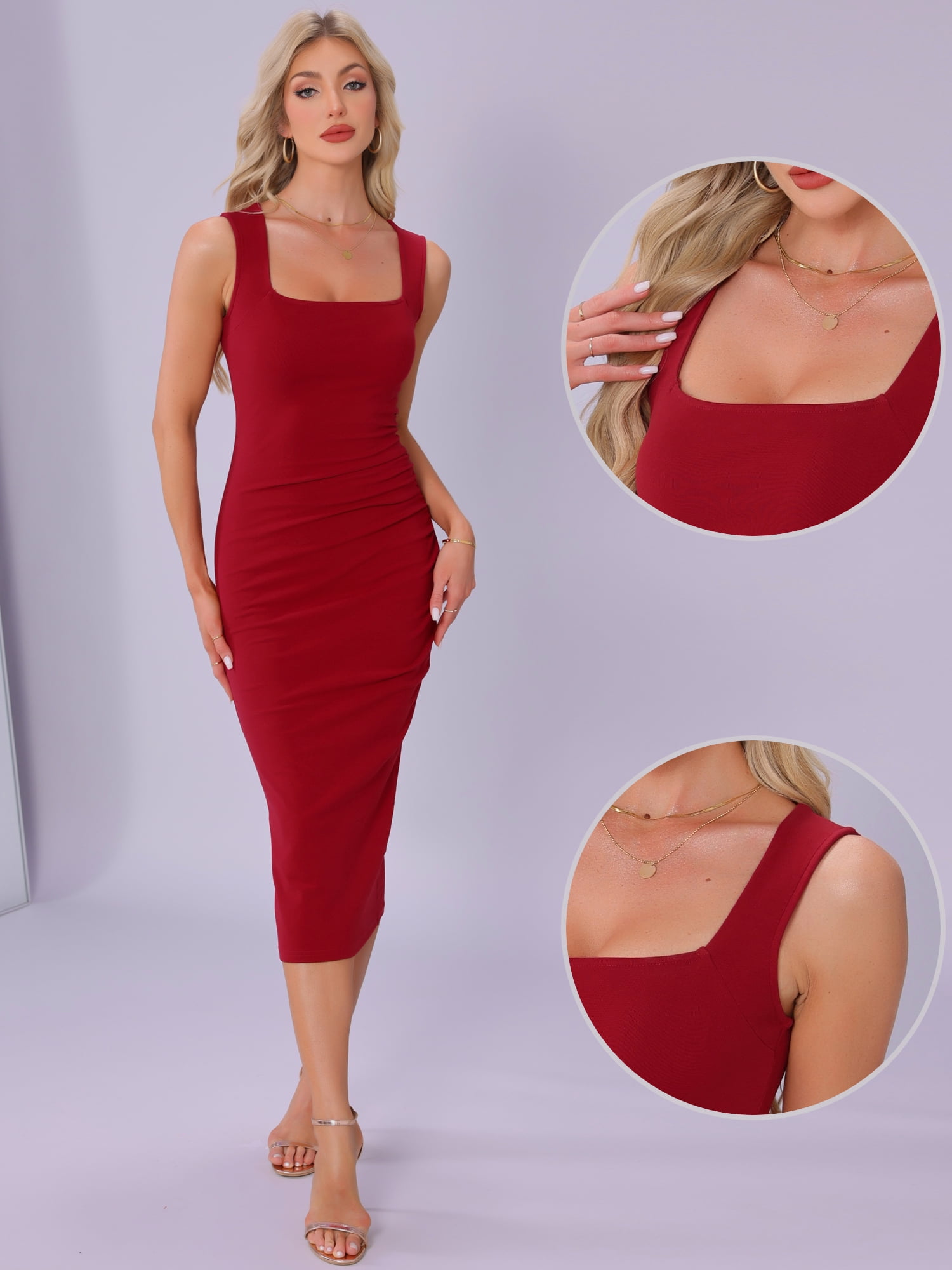 DARING DIVA Square Neck Waisted Ruched Tank Midi Dress M Red